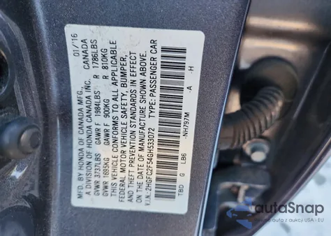2016 Honda Civic Lx from USA, damaged, VIN 2HGFC2F54GH533072